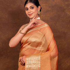 Peach Orange Crushed Tissue Silk Saree | Banarasi Woven Saree