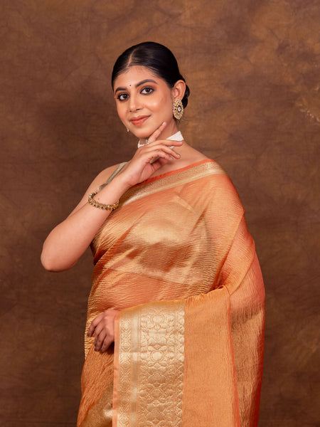 Peach Orange Crushed Tissue Silk Saree | Banarasi Woven Saree