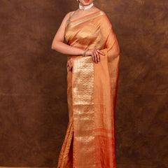 Peach Orange Crushed Tissue Silk Saree | Banarasi Woven Saree