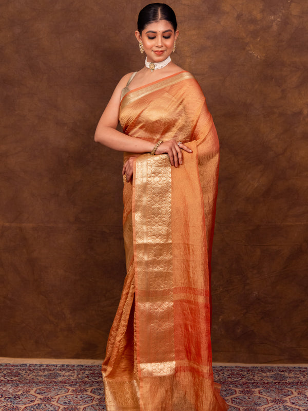 Peach Orange Crushed Tissue Silk Saree | Banarasi Woven Saree