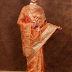 Peach Orange Crushed Tissue Silk Saree | Banarasi Woven Saree
