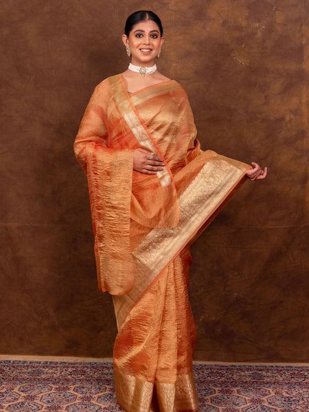 Peach Orange Crushed Tissue Silk Saree | Banarasi Woven Saree