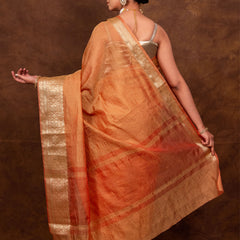 Peach Orange Crushed Tissue Silk Saree | Banarasi Woven Saree