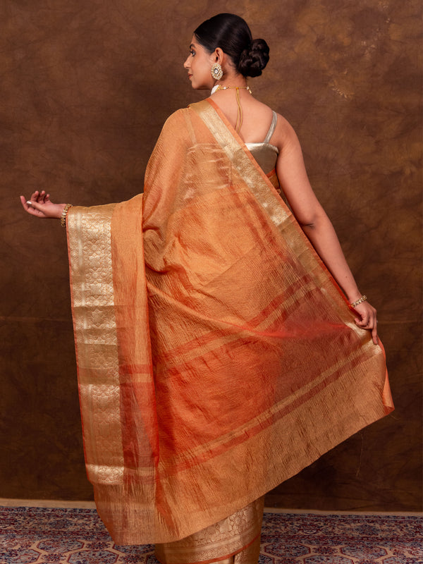 Peach Orange Crushed Tissue Silk Saree | Banarasi Woven Saree