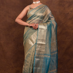 Firozi Blue Crushed Tissue Silk Saree | Banarasi Woven Saree