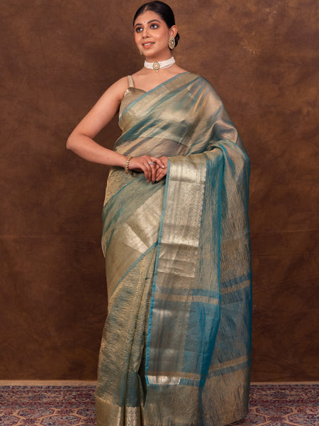 Firozi Blue Crushed Tissue Silk Saree | Banarasi Woven Saree