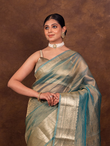 Firozi Blue Crushed Tissue Silk Saree | Banarasi Woven Saree