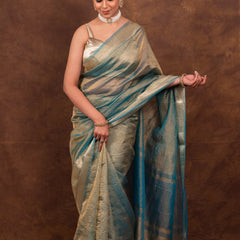Firozi Blue Crushed Tissue Silk Saree | Banarasi Woven Saree