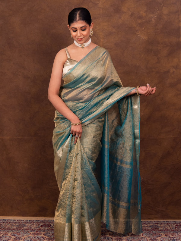 Firozi Blue Crushed Tissue Silk Saree | Banarasi Woven Saree