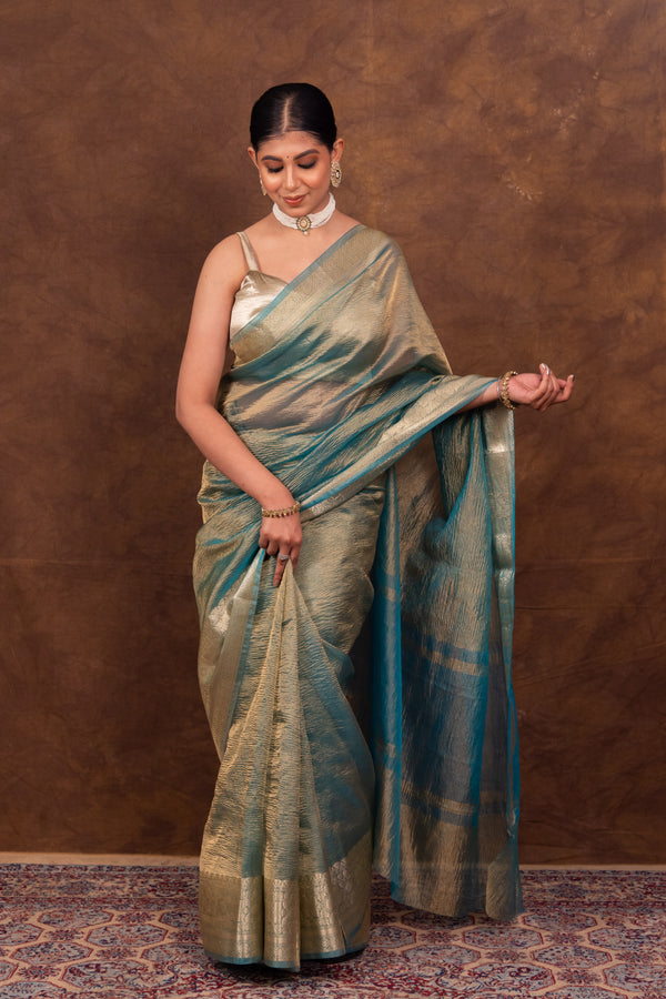 Trending Firozi Blue Crushed Tissue Silk Saree | Banarasi Woven Saree
