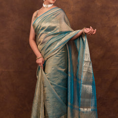 Firozi Blue Crushed Tissue Silk Saree | Banarasi Woven Saree