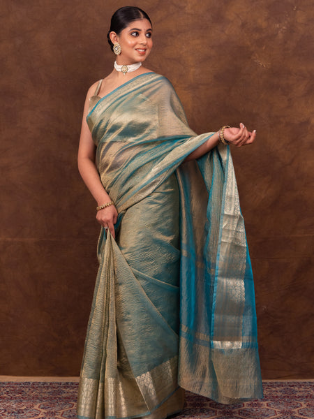 Firozi Blue Crushed Tissue Silk Saree | Banarasi Woven Saree