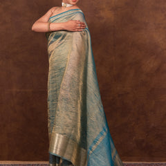 Firozi Blue Crushed Tissue Silk Saree | Banarasi Woven Saree