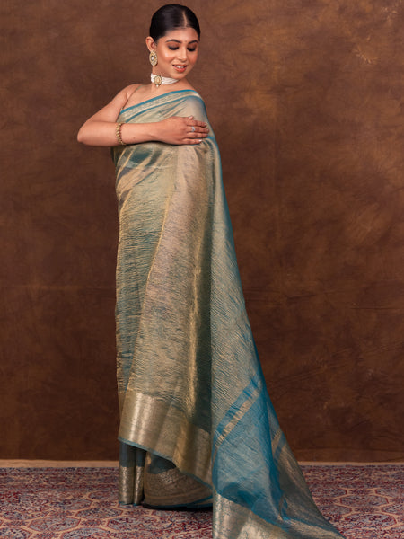 Firozi Blue Crushed Tissue Silk Saree | Banarasi Woven Saree