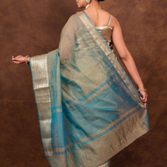 Firozi Blue Crushed Tissue Silk Saree | Banarasi Woven Saree