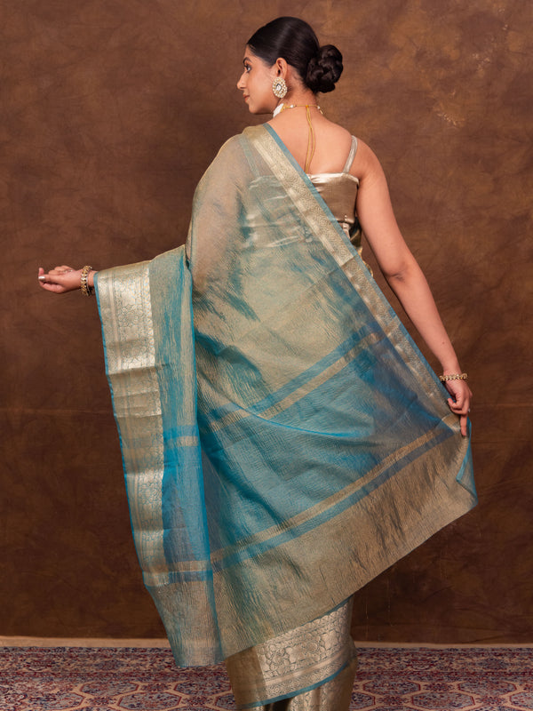 Firozi Blue Crushed Tissue Silk Saree | Banarasi Woven Saree