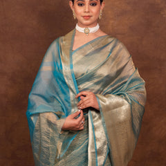 Firozi Blue Crushed Tissue Silk Saree | Banarasi Woven Saree