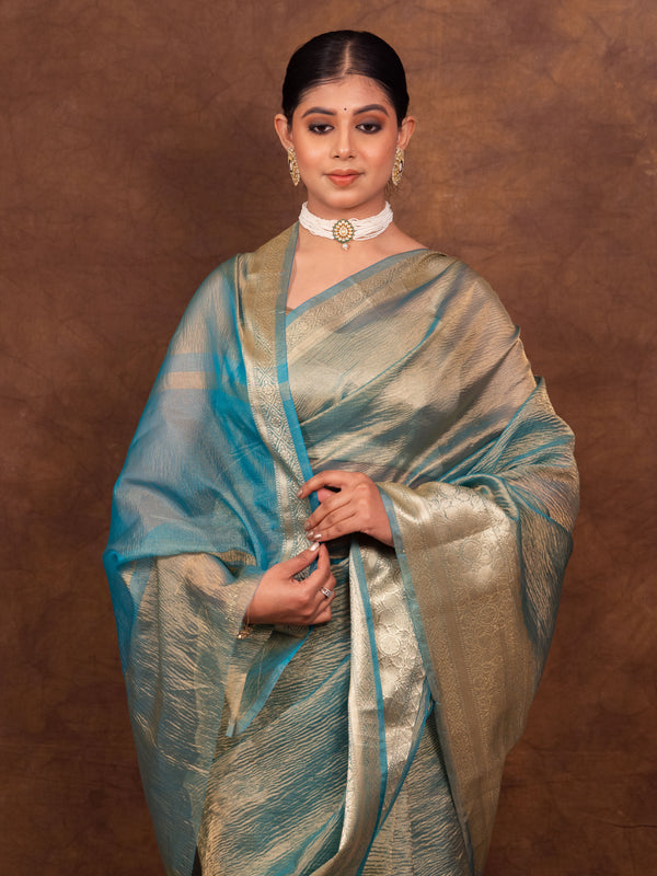 Firozi Blue Crushed Tissue Silk Saree | Banarasi Woven Saree