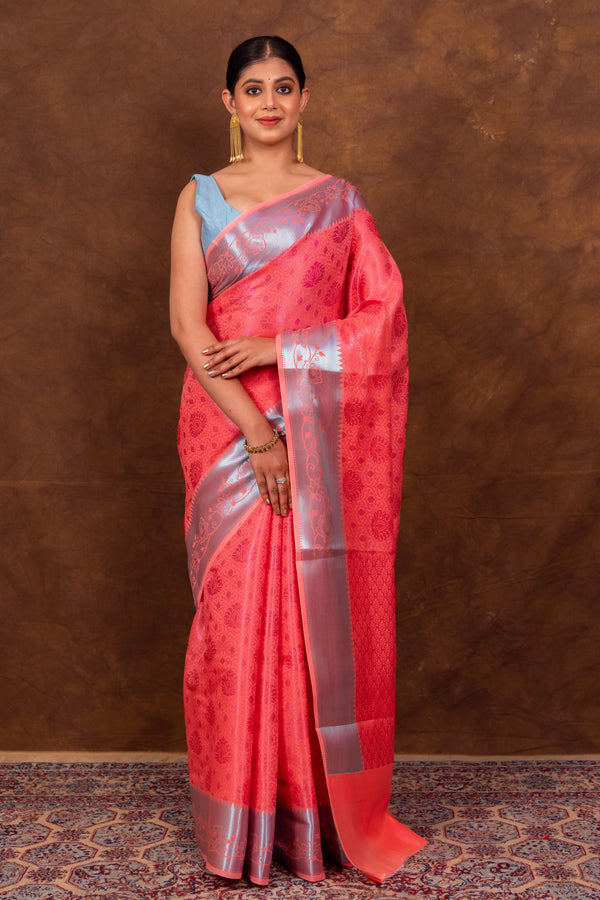 Strawberry Pink Banarasi Soft Silk Tanchoi Saree | Elegant & Beautiful