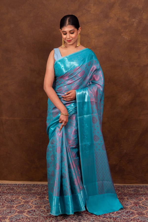 Teal Blue Banarasi Soft Silk Tanchoi Saree | Elegant & Beautiful