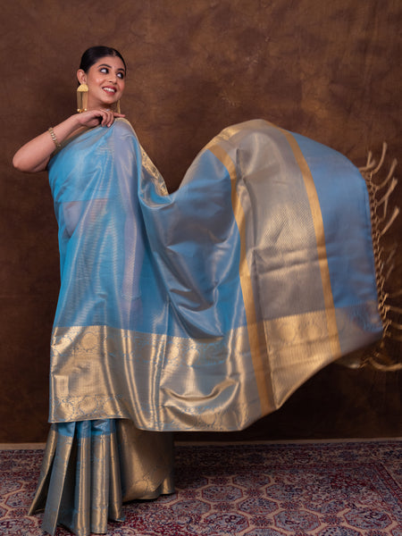 Firozi Blue Styish Banarasi Soft Tissue Silk Saree | Easy To Drape & Pleat