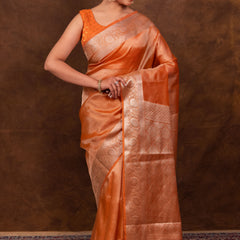 Rust Orange Banarasi Authentic Soft Tissue Silk Saree with Rich Pallu Woven Design