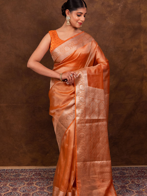 Rust Orange Banarasi Authentic Soft Tissue Silk Saree with Rich Pallu Woven Design