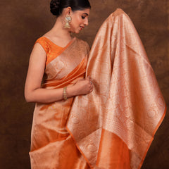 Rust Orange Banarasi Authentic Soft Tissue Silk Saree with Rich Pallu Woven Design