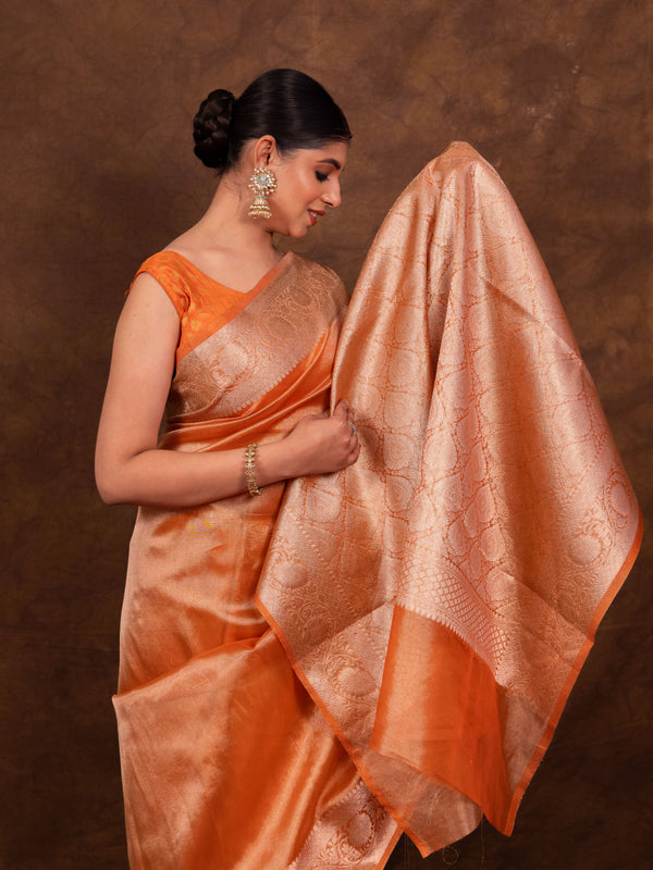 Rust Orange Banarasi Authentic Soft Tissue Silk Saree with Rich Pallu Woven Design