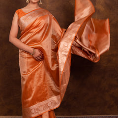 Rust Orange Banarasi Authentic Soft Tissue Silk Saree with Rich Pallu Woven Design