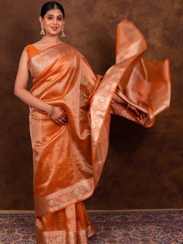 Rust Orange Banarasi Authentic Soft Tissue Silk Saree with Rich Pallu Woven Design