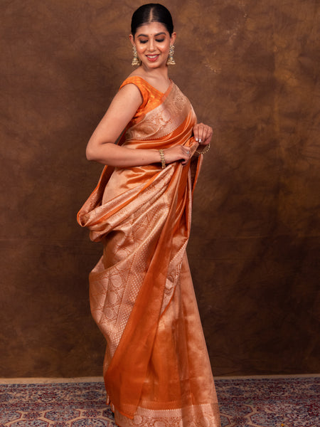 Rust Orange Banarasi Authentic Soft Tissue Silk Saree with Rich Pallu Woven Design