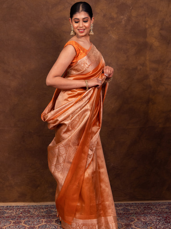 Rust Orange Banarasi Authentic Soft Tissue Silk Saree with Rich Pallu Woven Design