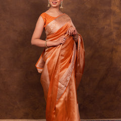 Rust Orange Banarasi Authentic Soft Tissue Silk Saree with Rich Pallu Woven Design