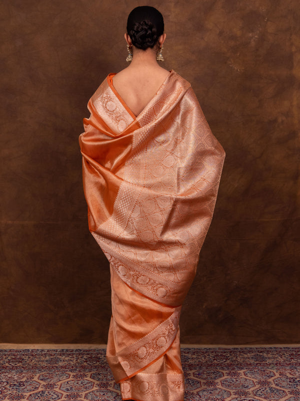 Rust Orange Banarasi Authentic Soft Tissue Silk Saree with Rich Pallu Woven Design