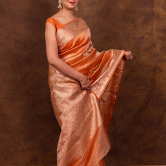 Rust Orange Banarasi Authentic Soft Tissue Silk Saree with Rich Pallu Woven Design