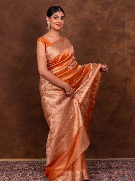 Rust Orange Banarasi Authentic Soft Tissue Silk Saree with Rich Pallu Woven Design