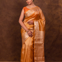 Gold Ochre Banarasi Authentic Soft Tissue Silk Saree with Rich Pallu Woven Design