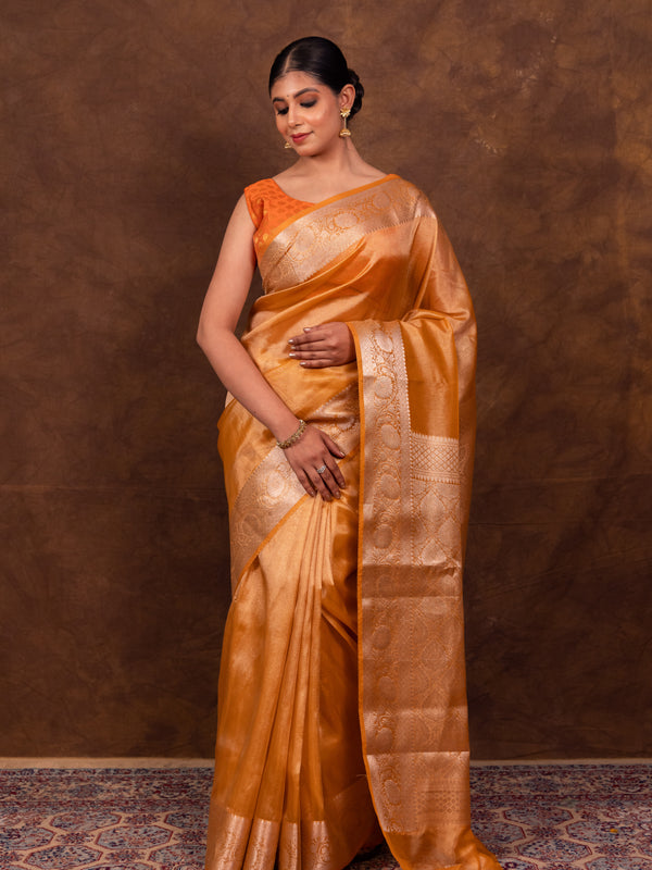 Gold Ochre Banarasi Authentic Soft Tissue Silk Saree with Rich Pallu Woven Design