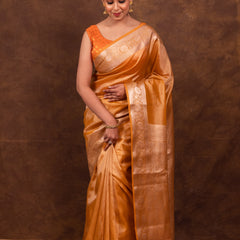 Gold Ochre Banarasi Authentic Soft Tissue Silk Saree with Rich Pallu Woven Design