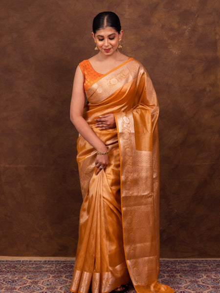 Gold Ochre Banarasi Authentic Soft Tissue Silk Saree with Rich Pallu Woven Design