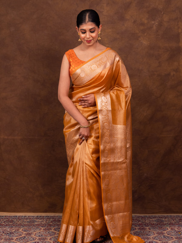 Gold Ochre Banarasi Authentic Soft Tissue Silk Saree with Rich Pallu Woven Design