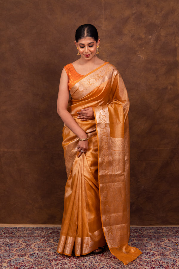 Gold Ochre Banarasi Authentic Soft Tissue Silk Saree with Rich Pallu Woven Design