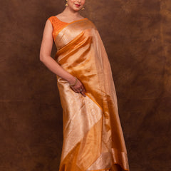 Gold Ochre Banarasi Authentic Soft Tissue Silk Saree with Rich Pallu Woven Design