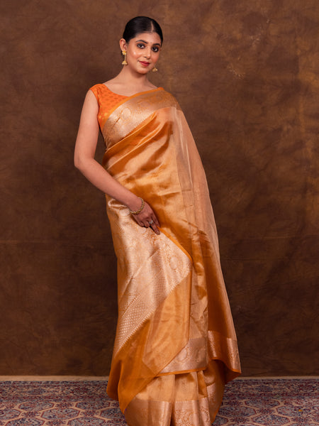 Gold Ochre Banarasi Authentic Soft Tissue Silk Saree with Rich Pallu Woven Design