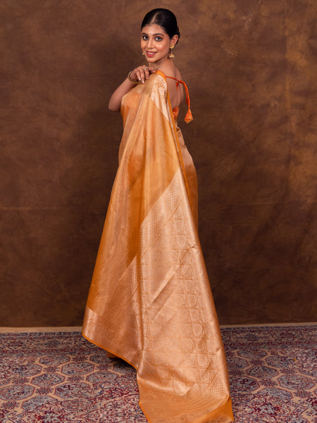 Gold Ochre Banarasi Authentic Soft Tissue Silk Saree with Rich Pallu Woven Design