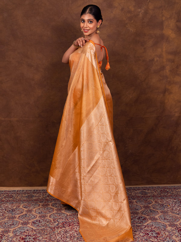 Gold Ochre Banarasi Authentic Soft Tissue Silk Saree with Rich Pallu Woven Design