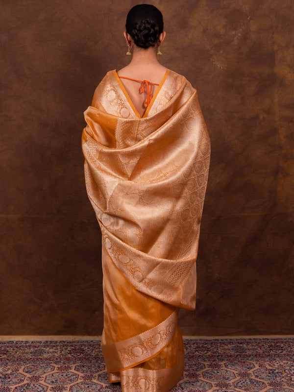 Gold Ochre Banarasi Authentic Soft Tissue Silk Saree with Rich Pallu Woven Design