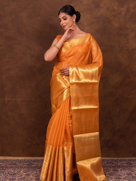 Coral Orange Banarasi Woven Soft Tissue Silk Saree From Hanfi Handicraft