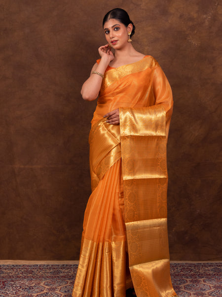 Coral Orange Banarasi Woven Soft Tissue Silk Saree From Hanfi Handicraft